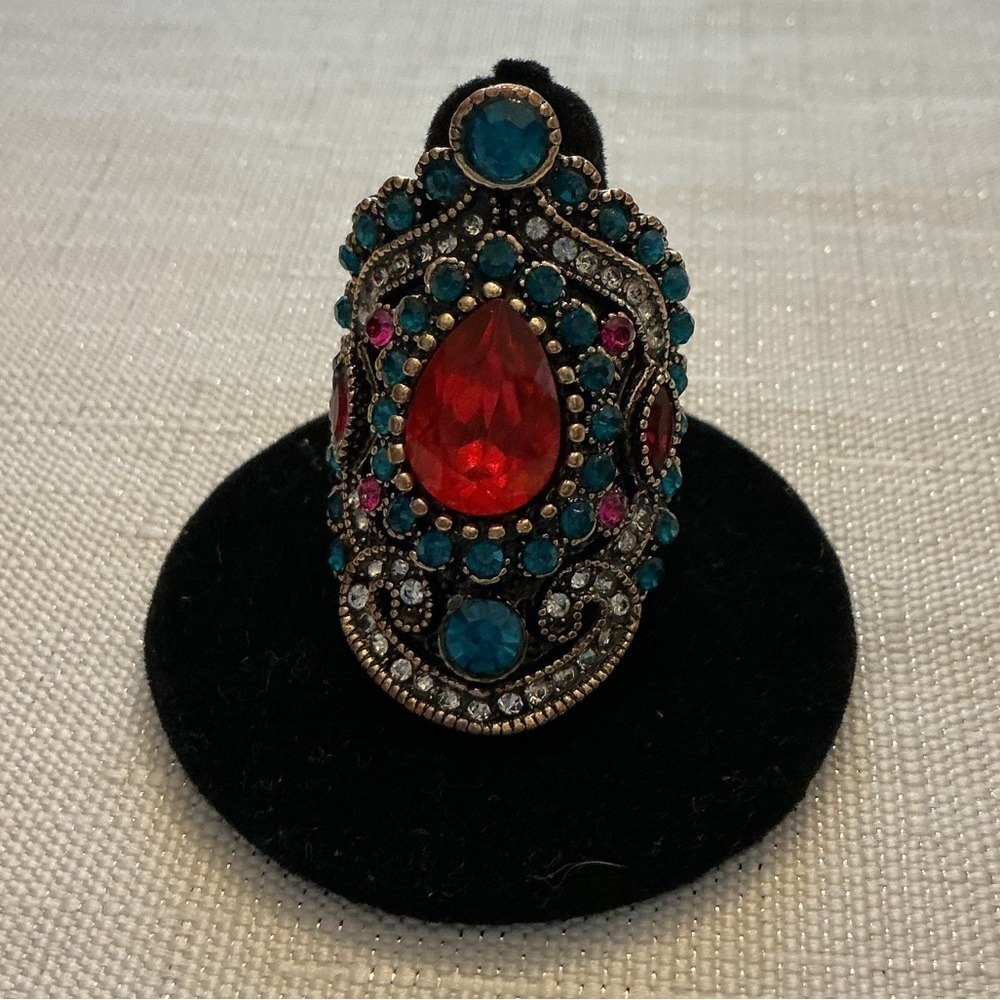Bold Red Teardrop Cocktail Ring with Turquoise Accents
